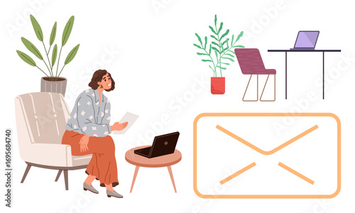 Woman reading paper seated near laptop, surrounded by plants and modern furniture. Ideal for communication, remote work, business planning, freelancing, productivity, workspace design, simple flat