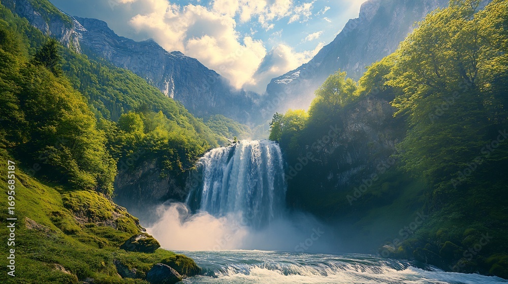 Fototapeta premium Majestic Waterfall Cascading Through Verdant Mountains: A Serene Landscape