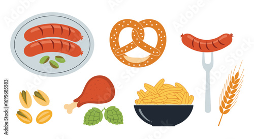 Delicious German Oktoberfest feast featuring sausages, pretzels, fries, and beer hops