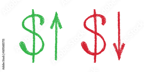 Hand drawn dollar currency symbol Growth and fall profit with arrow up and down Brush stroke doodle Element for design