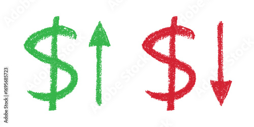 Hand drawn dollar currency symbol Growth and fall profit with arrow up and down Brush stroke doodle Element for design