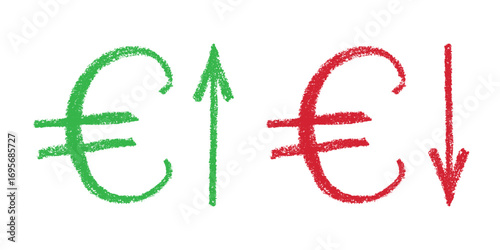 Hand drawn euro currency symbol Growth and fall profit with arrow up and down Brush stroke doodle Element for design