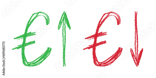 Hand drawn euro currency symbol Growth and fall profit with arrow up and down Brush stroke doodle Element for design