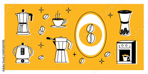 Collection of stylized coffee making equipment and beans on a vibrant yellow background