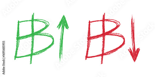 Hand drawn thai baht currency symbol Growth and fall profit with arrow up and down Brush stroke doodle Element for design