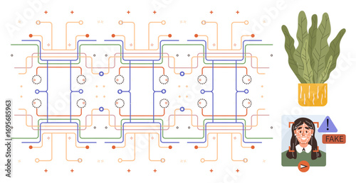 Abstract circuit board pattern, green plant in a pot, and woman marked as fake content. Ideal for AI technology, ethics, misinformation, deepfakes, cybersecurity, machine learning sustainability