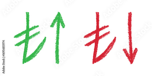 Hand drawn turkish lira currency symbol Growth and fall profit with arrow up and down Brush stroke doodle Element for design