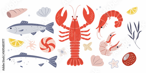 A delightful collection of flat design seafood illustrations including fish lobster shrimp and shellfish