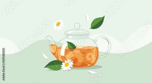Refreshing chamomile tea steeping in a clear glass teapot with daisies and leaves