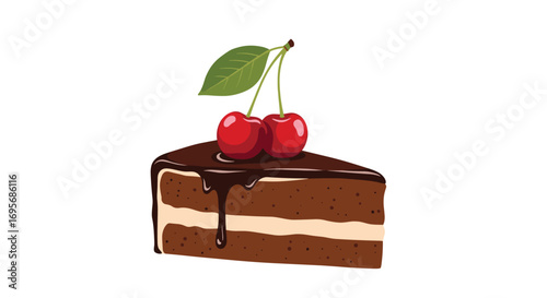 Indulgent chocolate cake slice topped with vibrant cherries, a delicious dessert treat for any occasion