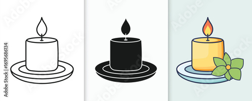 Three artistic depictions of a lit candle on a saucer with greenery accents