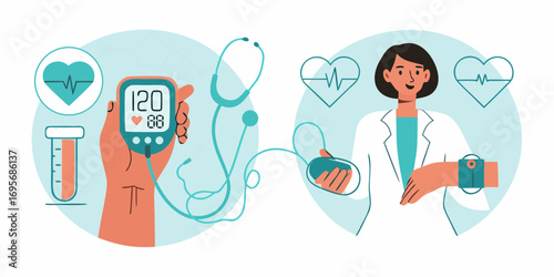 Doctor checking patient blood pressure with digital monitor and stethoscope for heart health checkup