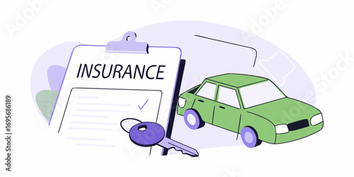 Car insurance policy document with a key and a green car illustration