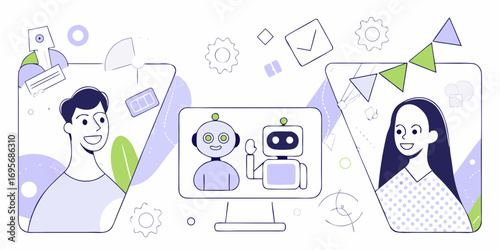 Modern illustration of people interacting with robots and technology for communication and support