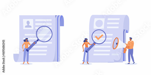Two people examining documents with a magnifying glass and a megaphone for analysis and recruitment