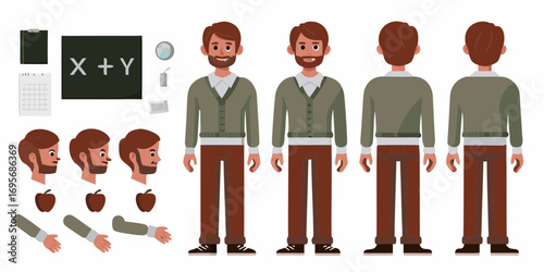 Male teacher character design kit with multiple views and accessories for animation and education