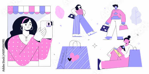 Diverse group of people enjoying shopping and taking selfies with shopping bags and phones