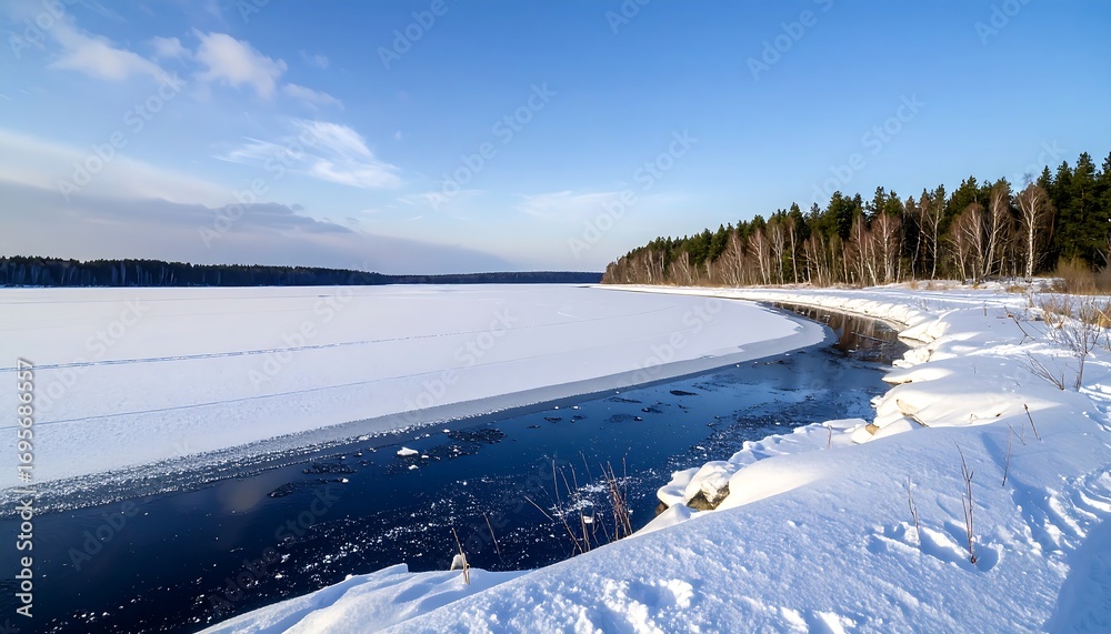 Obraz premium A serene winter landscape features a snow-covered expanse merging with an unfrozen stream under a bright, sunny sky. 
