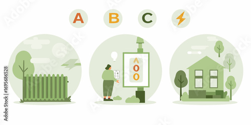 Illustration of energy efficiency ratings for homes and appliances with a person interacting with a smart device