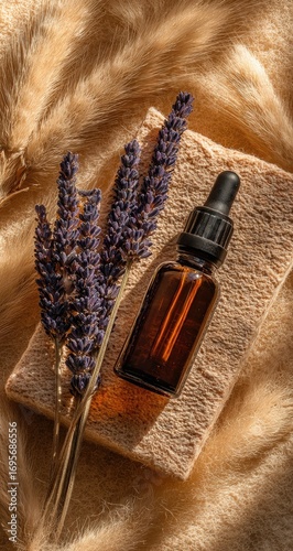Amber dropper bottle atop beige block, lavender sprigs