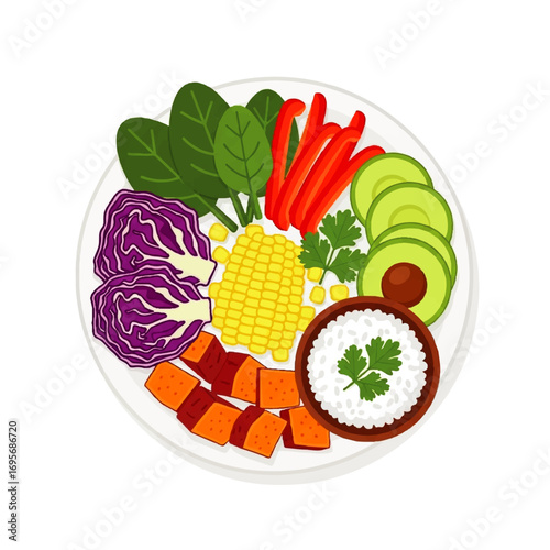 Colorful, healthy bowl featuring various vegetables, protein, and grains
