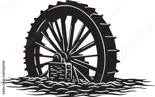 Black and White Water Wheel and Lock Illustration Keywords: water wheel, water, mill, industrial