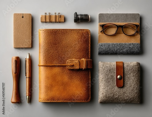 Flat lay of assorted stationery items, including a tan leather notebook, pens, glasses case, and tags