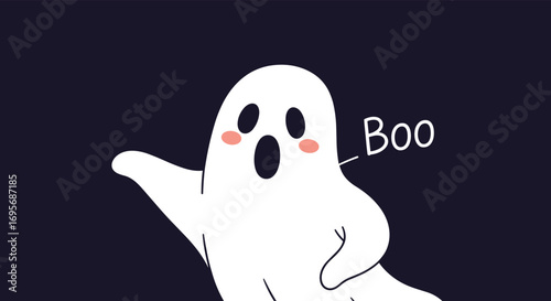 Cute cartoon ghost saying Boo with rosy cheeks, perfect for Halloween fun and spooky themes