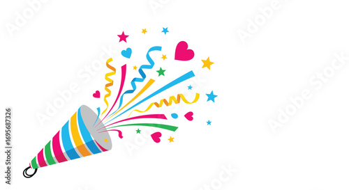 Vibrant party popper explodes with colorful confetti and hearts, celebrating joyful moments!