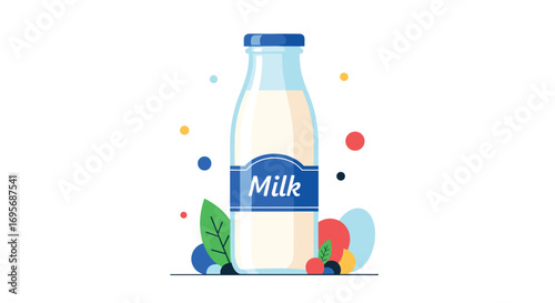 Refreshing milk bottle surrounded by vibrant abstract shapes and organic elements, perfect for health and wellness