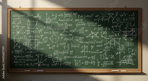 A chalkboard filled with complex mathematical equations and formulas, showcasing various geometric shapes and algebraic expressions, creating a visual representation of advanced mathematical concepts 