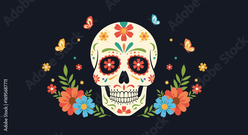 Vibrant sugar skull art with colorful flowers and butterflies, perfect for festive celebrations.