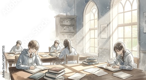 Illustration depicting a group of students studying and taking notes in a bright, sunlit library, highlighting a quiet academic atmosphere perfect for education and learning related visuals.