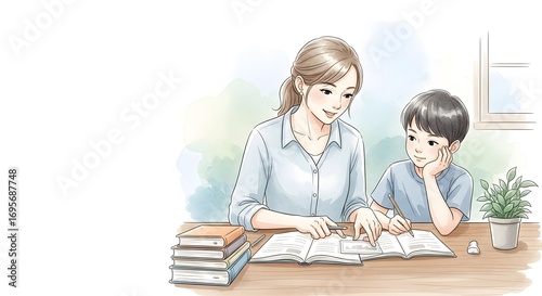 Caring mother helps her young son with homework at a desk, fostering a positive home learning environment with illustration style.