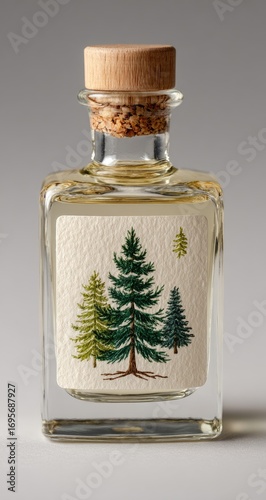 Small, square glass bottle with a light-colored cork top.  A printed label depicting three stylized evergreen trees decorates the bottle