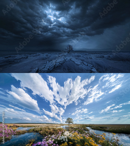 dreamy day and apocalypse nightmare panel of the same landscape, suitable communication on the future of the climate change