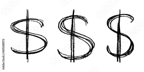 Set of hand drawn dollar currency symbol. Brush stroke doodle. Single element for design