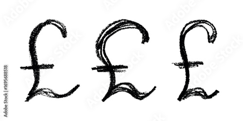 Set of hand drawn british pound currency symbol. Brush stroke doodle. Single element for design