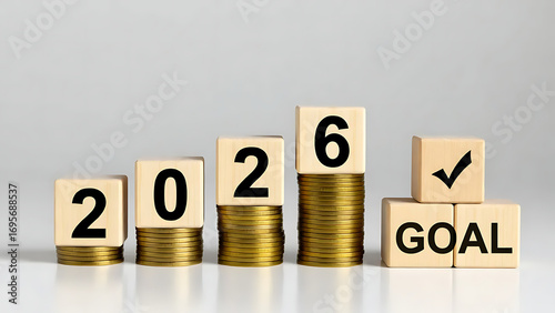 Wooden Blocks 2026 on Golden Coins with Goal, Plan, and Action Pyramid, Ideal for financial planning, New Year’s resolutions, or business development visuals.