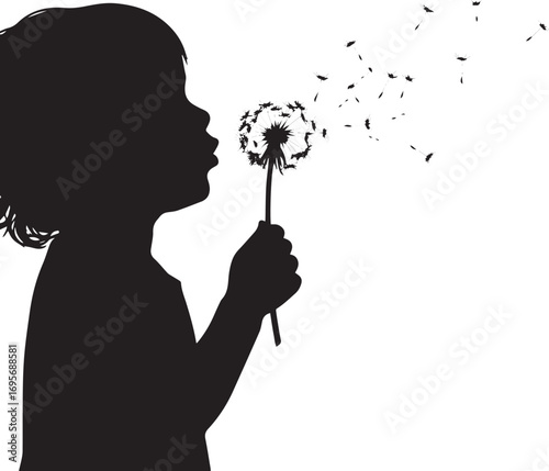 Silhouette of Child Blowing Dandelion Seeds Keywords: child, silhouette, blowing, dandelion