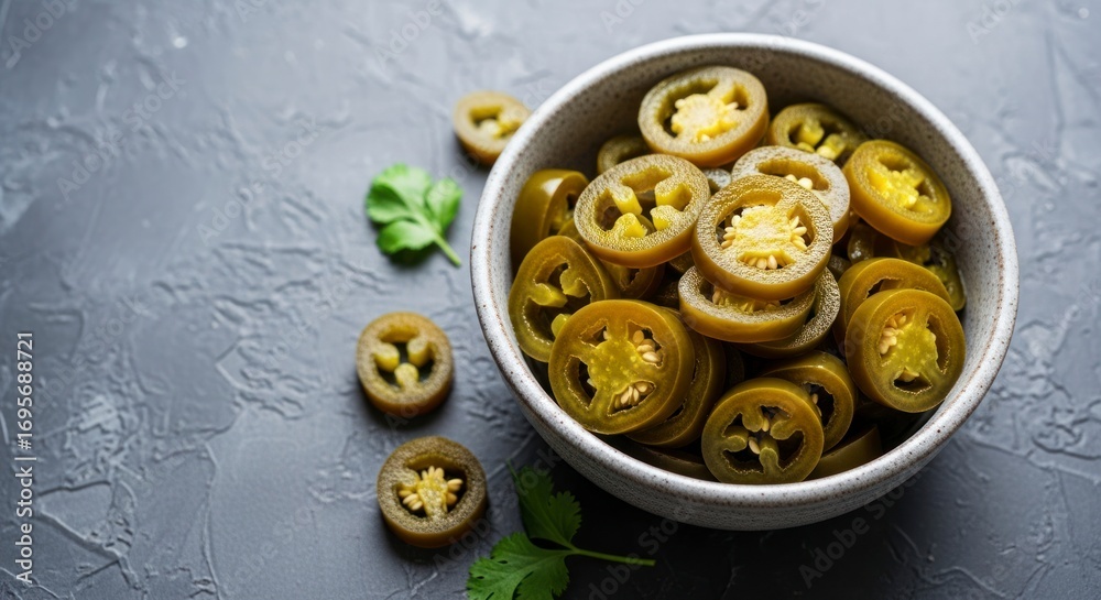 Fototapeta premium A bowl overflowing with sliced pickled jalapeños complemented by scattered leaves on a textured gray surface