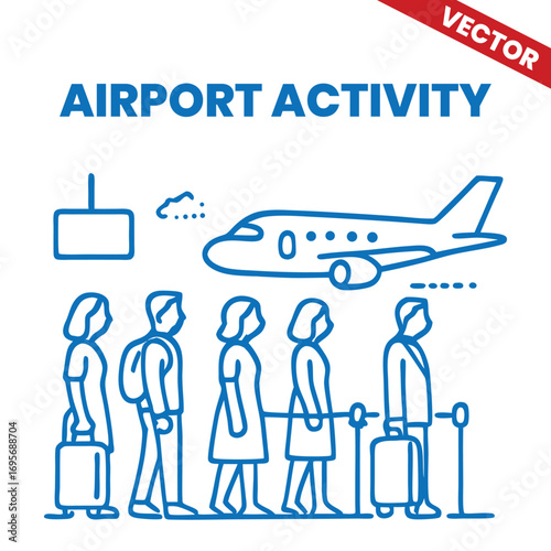 Passengers waiting in check-in line at airport outline graphic illustration airport activity