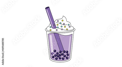 Vibrant purple bubble tea with whipped cream and colorful toppings, a delightful treat
