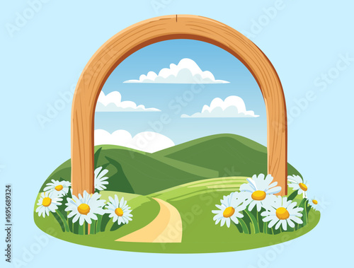 A tranquil landscape illustration of a wooden archway framing a view of rolling green hills covered in white daisies