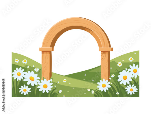 A simple and charming landscape illustration of a wooden archway on a gentle hill filled with cheerful daisy flowers