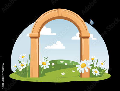 A lovely landscape illustration of a rustic wooden archway on a daisy-covered hill, with a beautiful butterfly in the sky