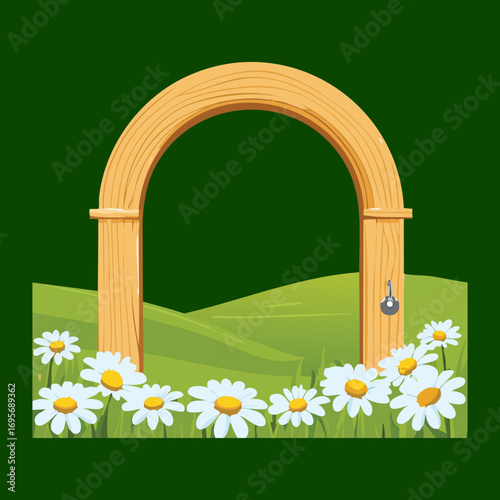 A joyful and idyllic illustration of a simple wooden archway on a green hillside covered in bright white daisies