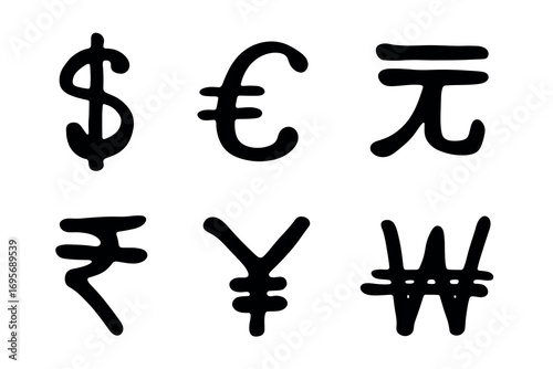 Hand drawn multiple currencies symbol set Dollar euro yuan yen won rupee