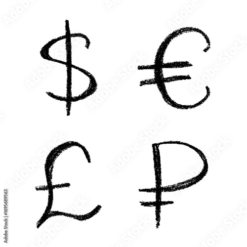 Hand drawn multiple currencies symbol set Dollar euro pound ruble