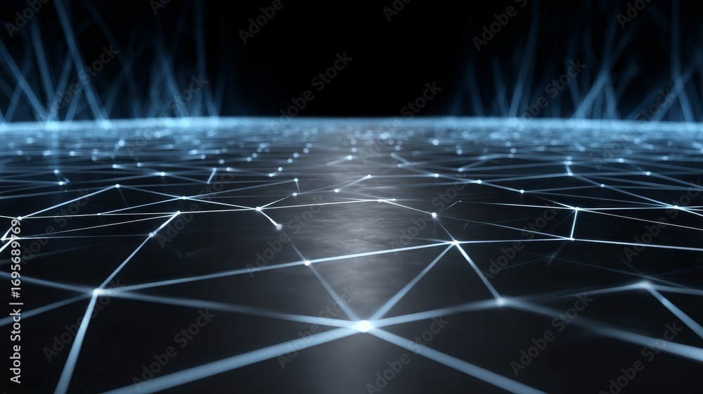 Obraz premium Abstract interconnected network, visualization of lines, dots, and dark background in digital art.